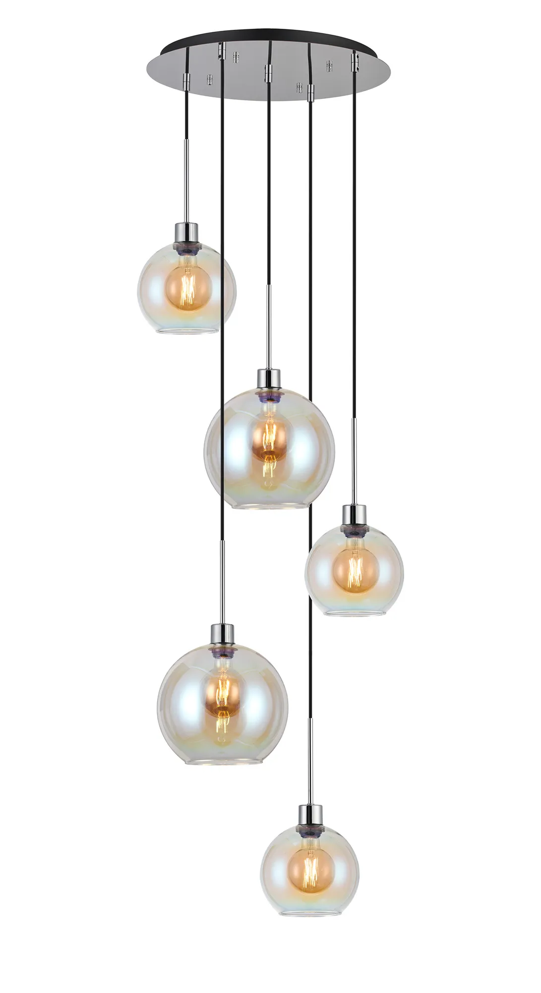 DK1295  Lori 45cm Round Pendant, 5 Light Adjustable E27, Polished Chrome/Iridescent/Iridescent Open Mouth Round Globe Shades